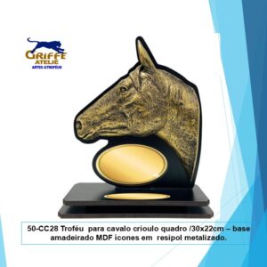 50-CC28 Troféu para cavalo crioulo quadro /30x22cm – base amadeirado MDF ícones em resipol metalizado.